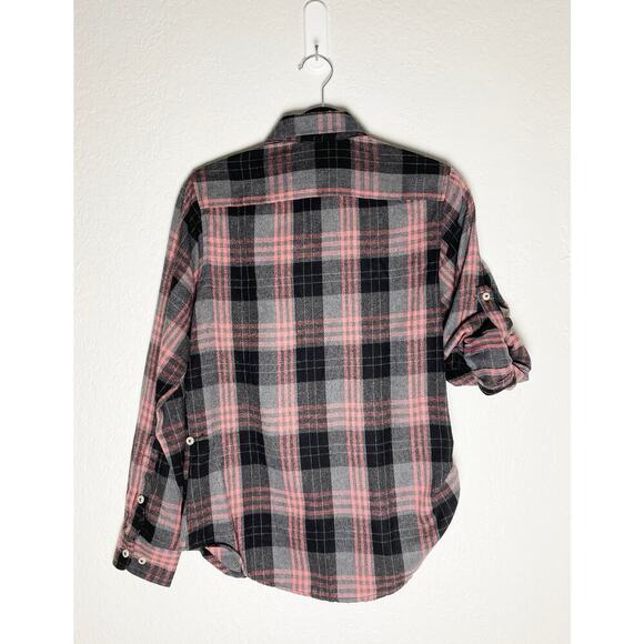 Design In Italy Luxury Women's Plaid Flannel Pink Gray Button Up Roll Tab Sleeve - Picture 6 of 12